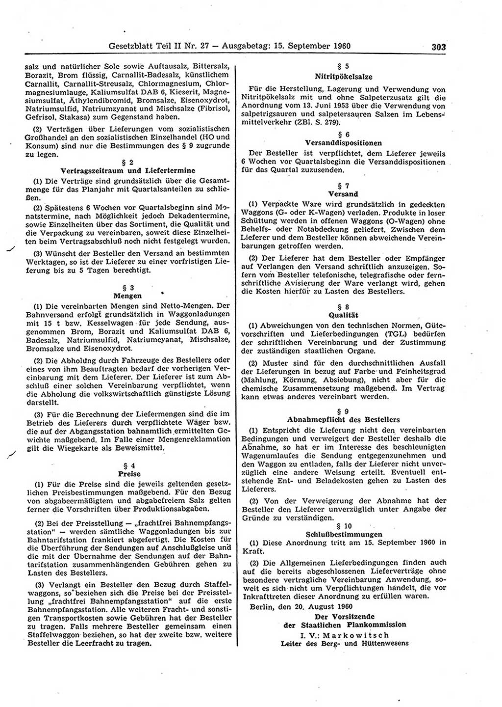 Gesetzblatt (GBl.) der Deutschen Demokratischen Republik (DDR) Teil ⅠⅠ 1960, Seite 303 (GBl. DDR ⅠⅠ 1960, S. 303)