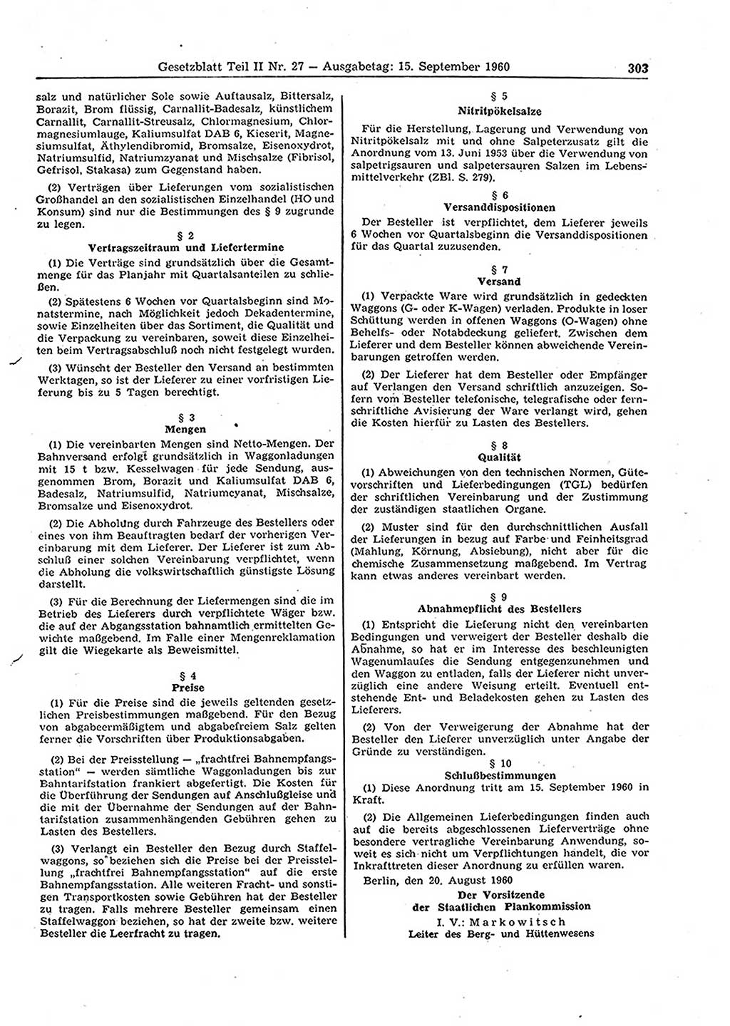 Gesetzblatt (GBl.) der Deutschen Demokratischen Republik (DDR) Teil ⅠⅠ 1960, Seite 303 (GBl. DDR ⅠⅠ 1960, S. 303)