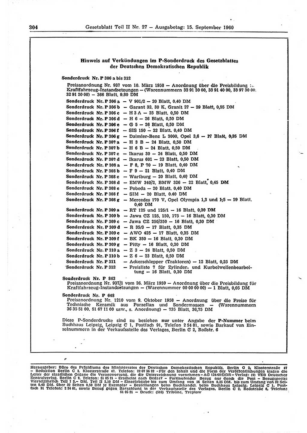 Gesetzblatt (GBl.) der Deutschen Demokratischen Republik (DDR) Teil ⅠⅠ 1960, Seite 304 (GBl. DDR ⅠⅠ 1960, S. 304)