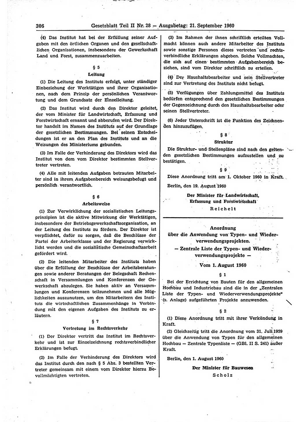 Gesetzblatt (GBl.) der Deutschen Demokratischen Republik (DDR) Teil ⅠⅠ 1960, Seite 306 (GBl. DDR ⅠⅠ 1960, S. 306)