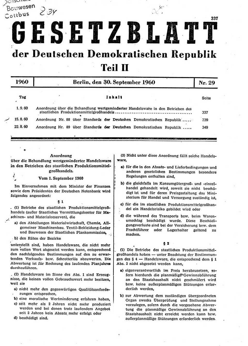 Gesetzblatt (GBl.) der Deutschen Demokratischen Republik (DDR) Teil ⅠⅠ 1960, Seite 337 (GBl. DDR ⅠⅠ 1960, S. 337)