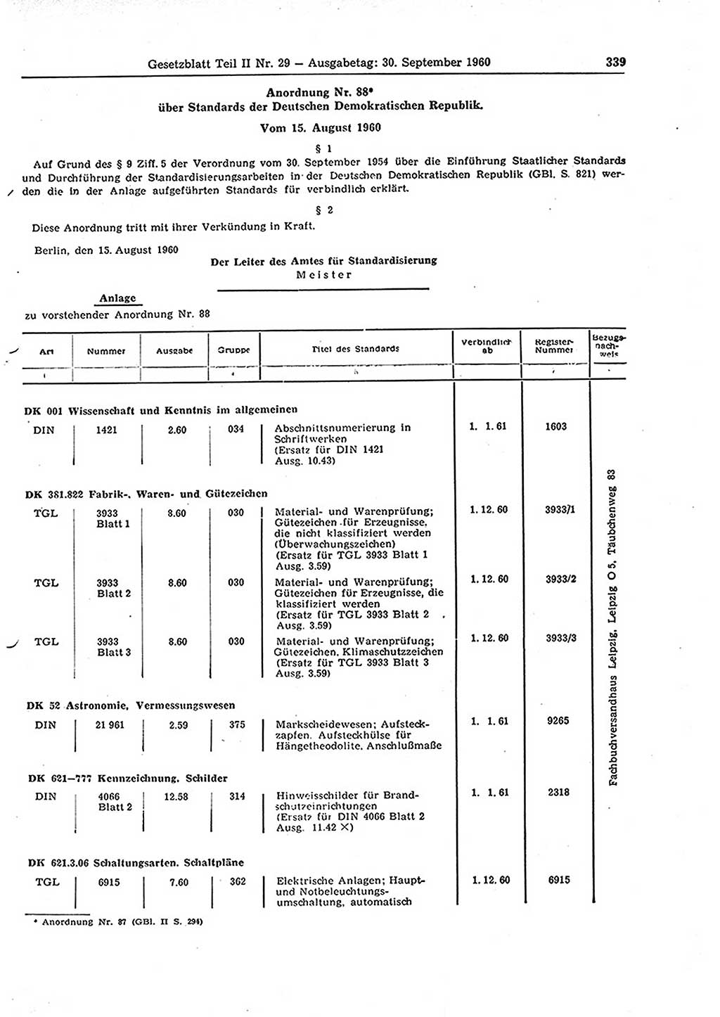 Gesetzblatt (GBl.) der Deutschen Demokratischen Republik (DDR) Teil ⅠⅠ 1960, Seite 339 (GBl. DDR ⅠⅠ 1960, S. 339)