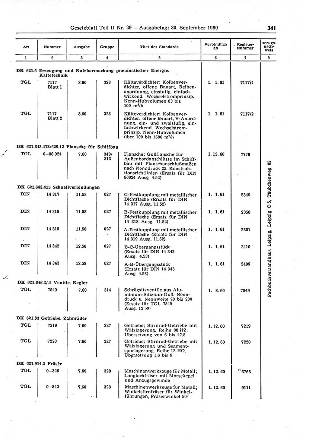 Gesetzblatt (GBl.) der Deutschen Demokratischen Republik (DDR) Teil ⅠⅠ 1960, Seite 341 (GBl. DDR ⅠⅠ 1960, S. 341)