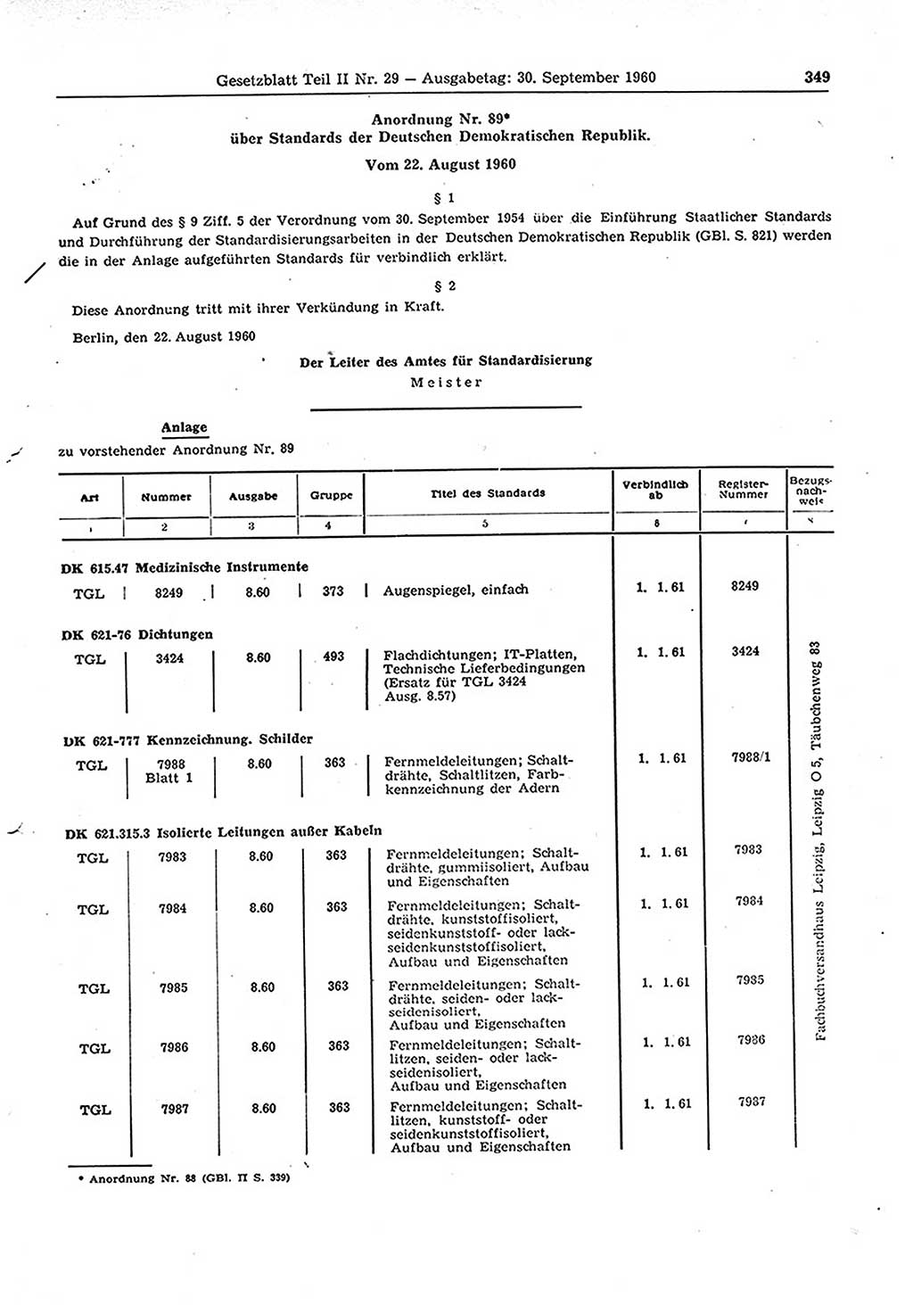 Gesetzblatt (GBl.) der Deutschen Demokratischen Republik (DDR) Teil ⅠⅠ 1960, Seite 349 (GBl. DDR ⅠⅠ 1960, S. 349)