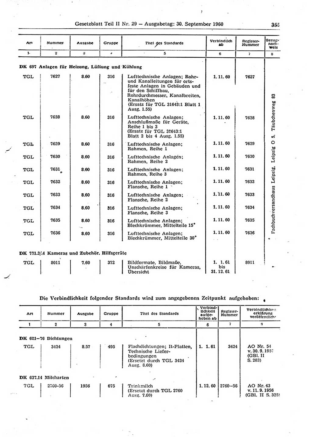 Gesetzblatt (GBl.) der Deutschen Demokratischen Republik (DDR) Teil ⅠⅠ 1960, Seite 355 (GBl. DDR ⅠⅠ 1960, S. 355)