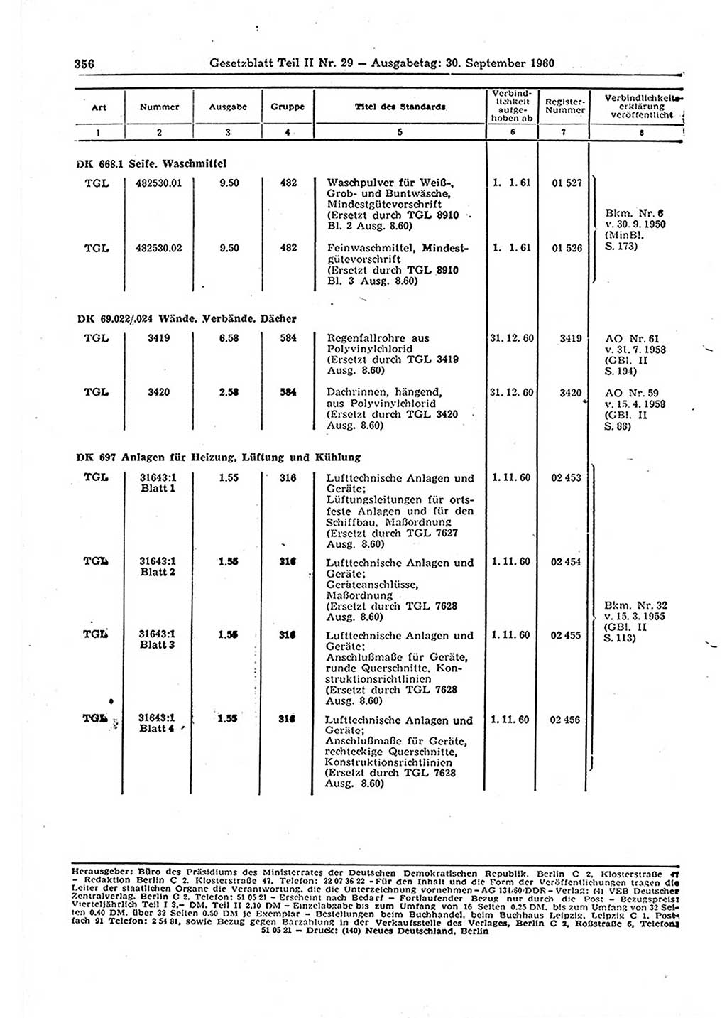 Gesetzblatt (GBl.) der Deutschen Demokratischen Republik (DDR) Teil ⅠⅠ 1960, Seite 356 (GBl. DDR ⅠⅠ 1960, S. 356)