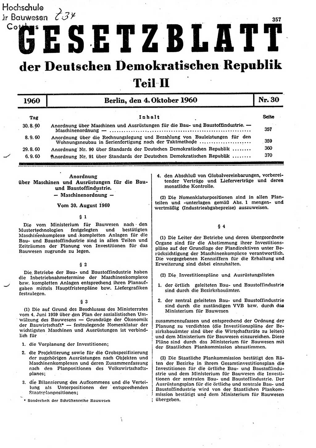 Gesetzblatt (GBl.) der Deutschen Demokratischen Republik (DDR) Teil ⅠⅠ 1960, Seite 357 (GBl. DDR ⅠⅠ 1960, S. 357)