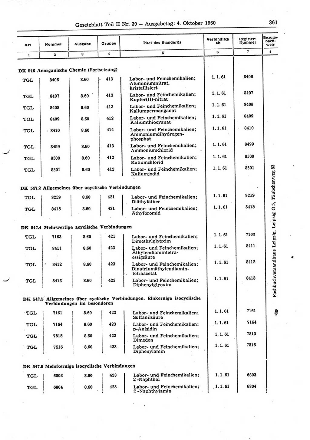 Gesetzblatt (GBl.) der Deutschen Demokratischen Republik (DDR) Teil ⅠⅠ 1960, Seite 361 (GBl. DDR ⅠⅠ 1960, S. 361)