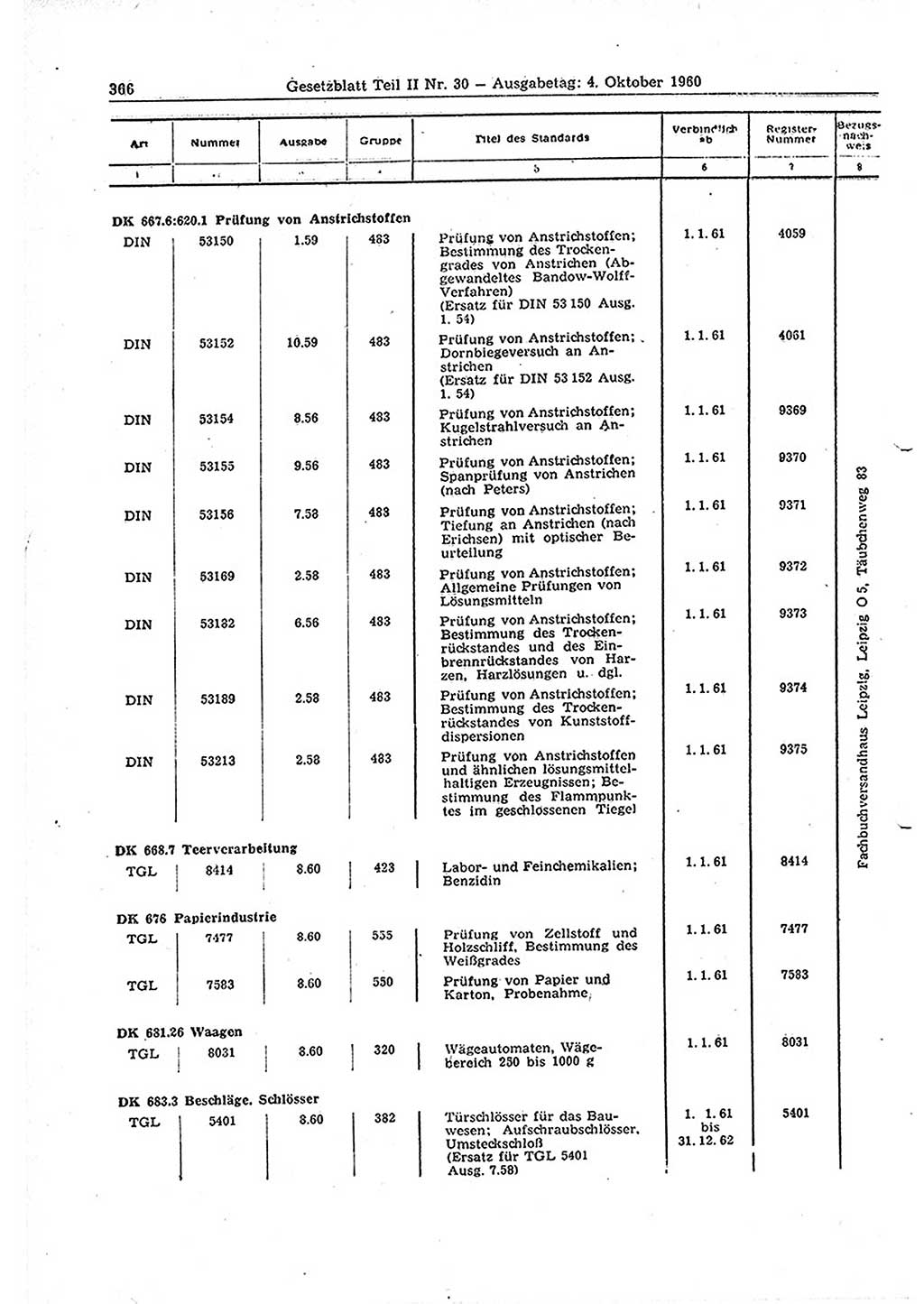Gesetzblatt (GBl.) der Deutschen Demokratischen Republik (DDR) Teil ⅠⅠ 1960, Seite 366 (GBl. DDR ⅠⅠ 1960, S. 366)