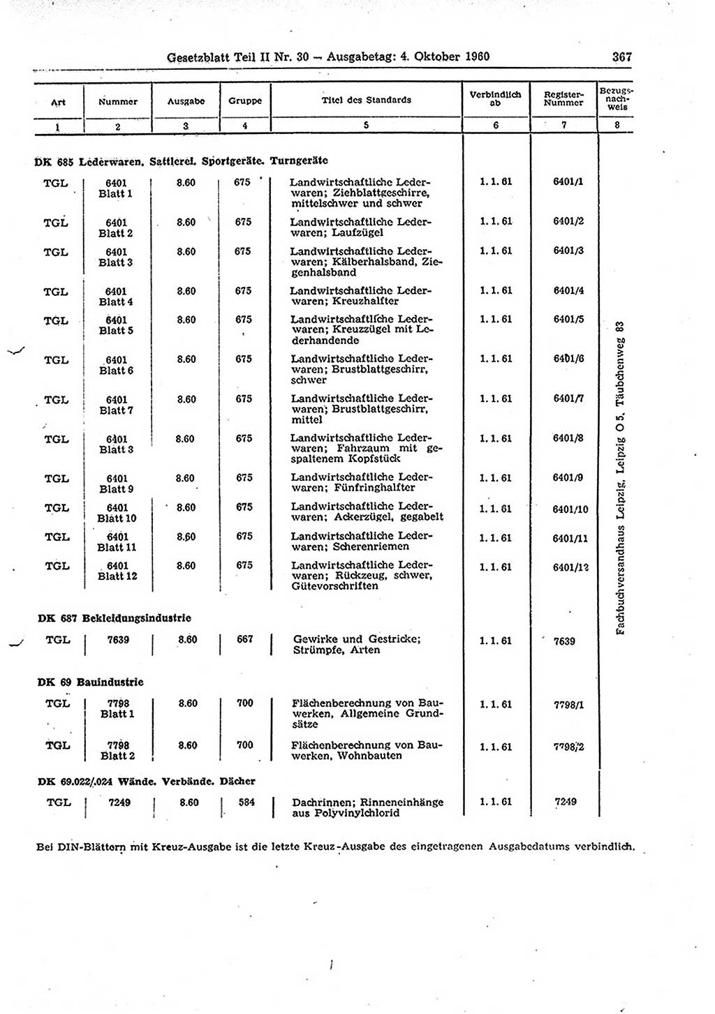 Gesetzblatt (GBl.) der Deutschen Demokratischen Republik (DDR) Teil ⅠⅠ 1960, Seite 367 (GBl. DDR ⅠⅠ 1960, S. 367)