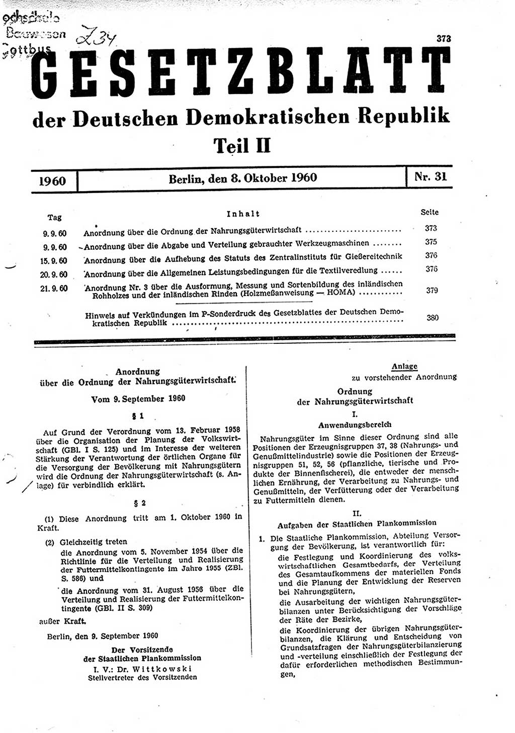 Gesetzblatt (GBl.) der Deutschen Demokratischen Republik (DDR) Teil ⅠⅠ 1960, Seite 373 (GBl. DDR ⅠⅠ 1960, S. 373)