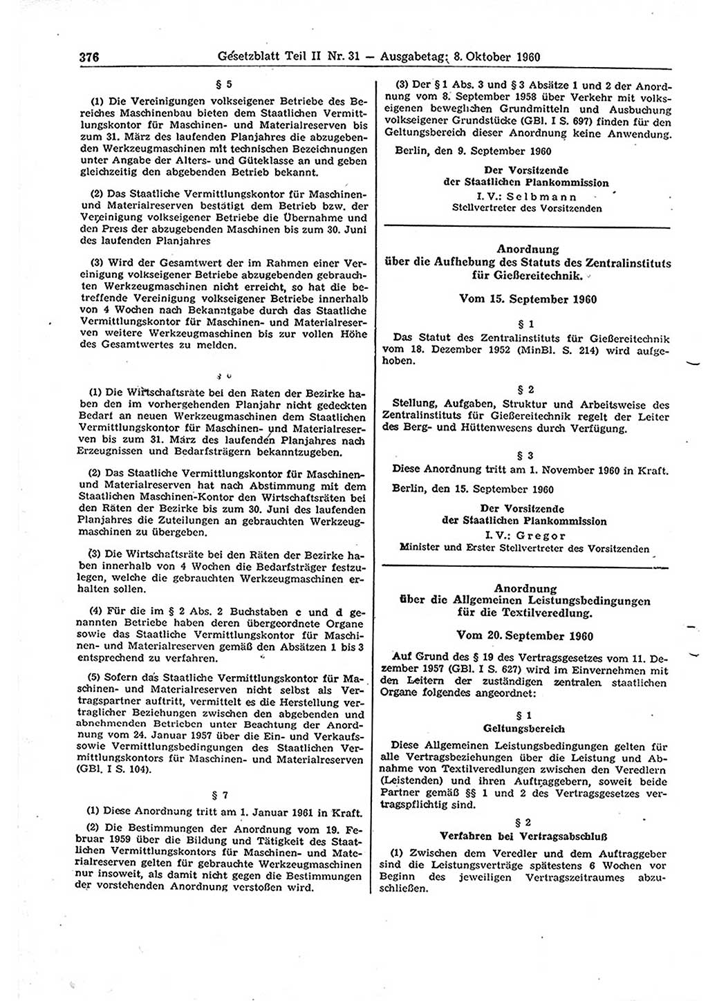 Gesetzblatt (GBl.) der Deutschen Demokratischen Republik (DDR) Teil ⅠⅠ 1960, Seite 376 (GBl. DDR ⅠⅠ 1960, S. 376)