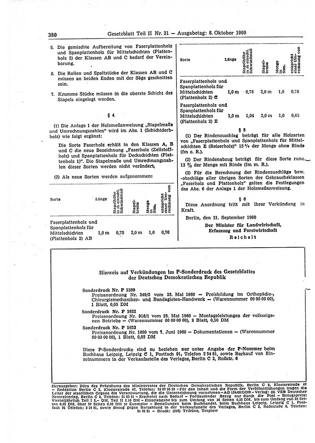 Gesetzblatt (GBl.) der Deutschen Demokratischen Republik (DDR) Teil ⅠⅠ 1960, Seite 380 (GBl. DDR ⅠⅠ 1960, S. 380)