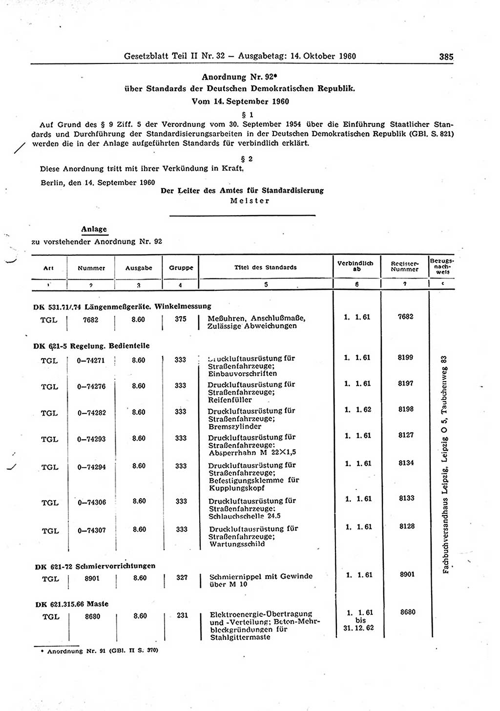 Gesetzblatt (GBl.) der Deutschen Demokratischen Republik (DDR) Teil ⅠⅠ 1960, Seite 385 (GBl. DDR ⅠⅠ 1960, S. 385)