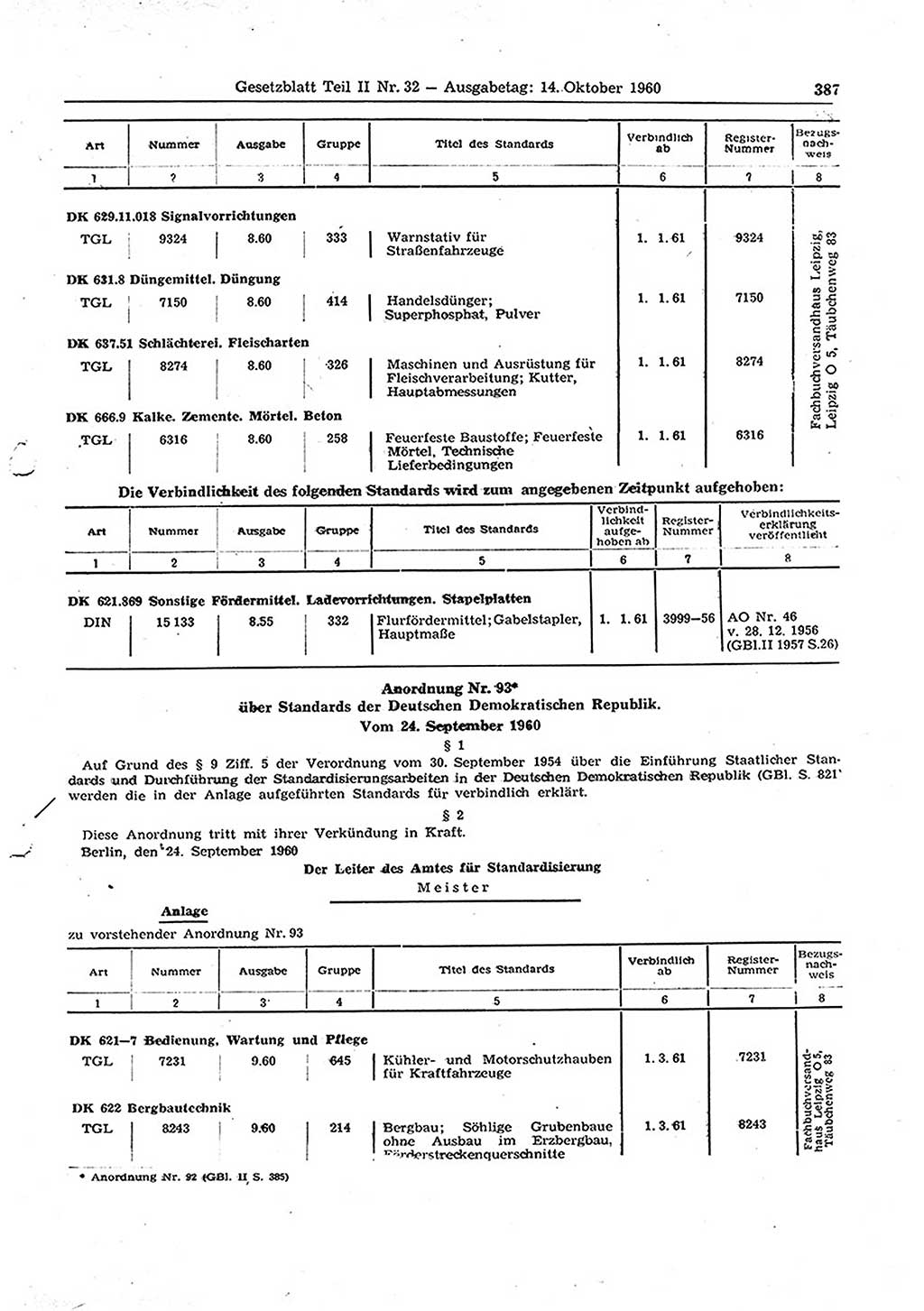 Gesetzblatt (GBl.) der Deutschen Demokratischen Republik (DDR) Teil ⅠⅠ 1960, Seite 387 (GBl. DDR ⅠⅠ 1960, S. 387)
