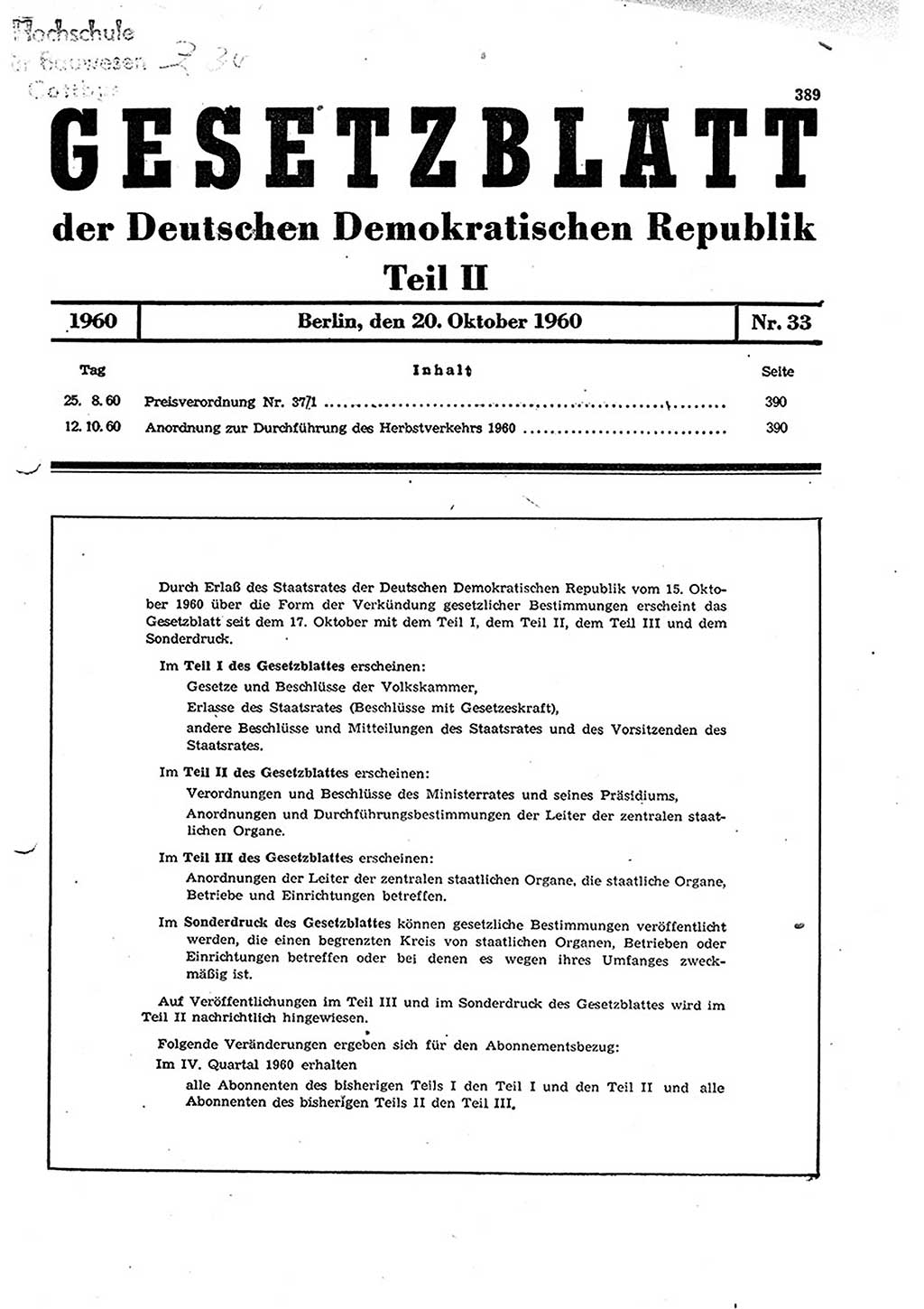 Gesetzblatt (GBl.) der Deutschen Demokratischen Republik (DDR) Teil ⅠⅠ 1960, Seite 389 (GBl. DDR ⅠⅠ 1960, S. 389)