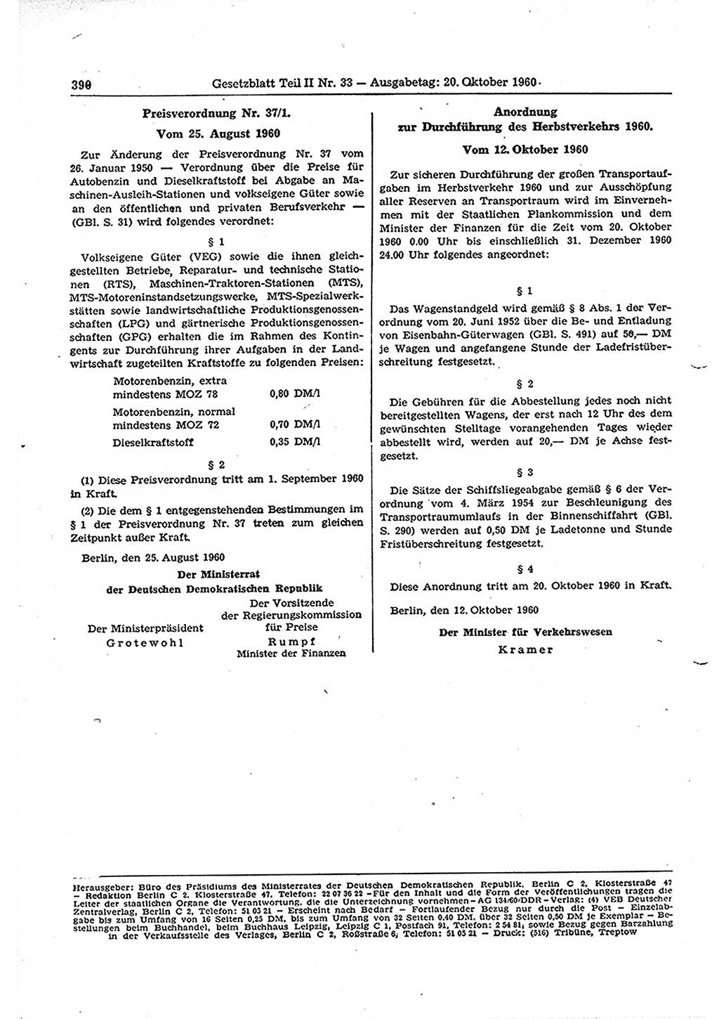 Gesetzblatt (GBl.) der Deutschen Demokratischen Republik (DDR) Teil ⅠⅠ 1960, Seite 390 (GBl. DDR ⅠⅠ 1960, S. 390)