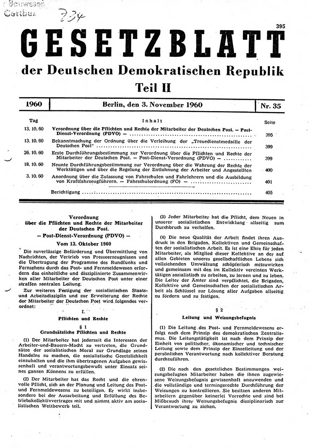 Gesetzblatt (GBl.) der Deutschen Demokratischen Republik (DDR) Teil ⅠⅠ 1960, Seite 395 (GBl. DDR ⅠⅠ 1960, S. 395)