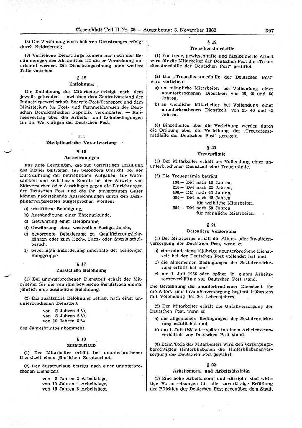 Gesetzblatt (GBl.) der Deutschen Demokratischen Republik (DDR) Teil ⅠⅠ 1960, Seite 397 (GBl. DDR ⅠⅠ 1960, S. 397)