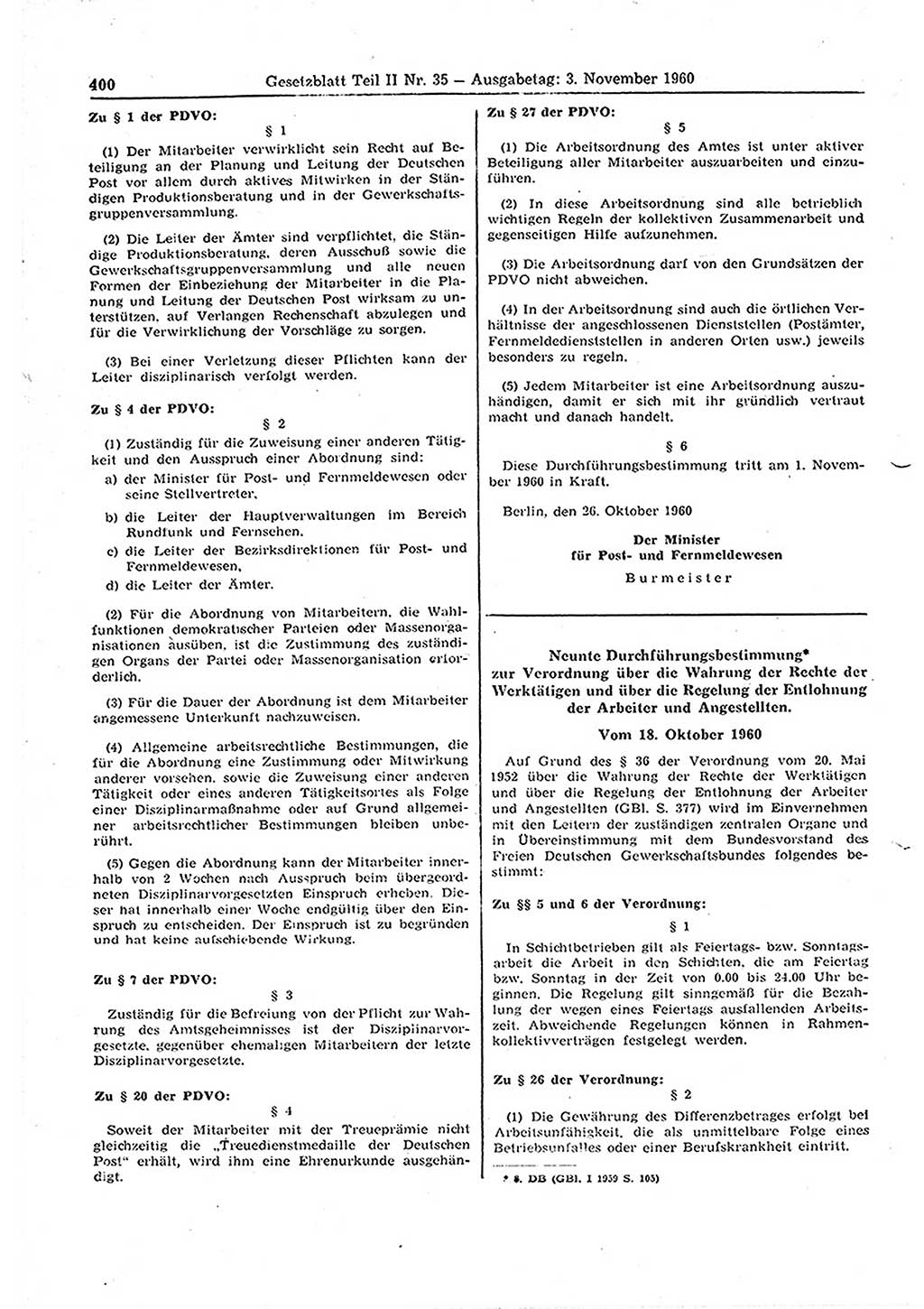 Gesetzblatt (GBl.) der Deutschen Demokratischen Republik (DDR) Teil ⅠⅠ 1960, Seite 400 (GBl. DDR ⅠⅠ 1960, S. 400)
