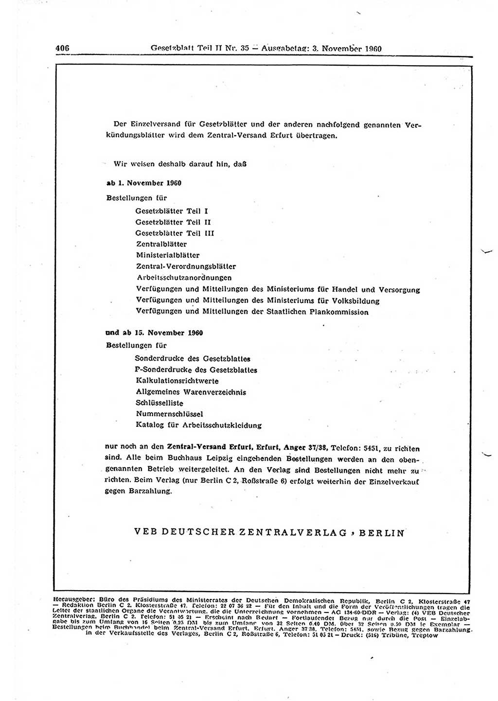Gesetzblatt (GBl.) der Deutschen Demokratischen Republik (DDR) Teil ⅠⅠ 1960, Seite 406 (GBl. DDR ⅠⅠ 1960, S. 406)
