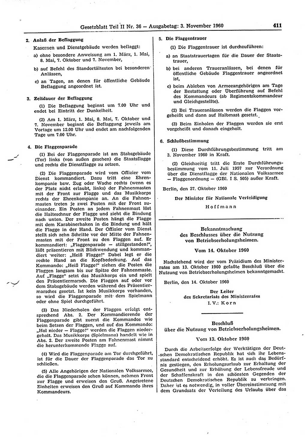 Gesetzblatt (GBl.) der Deutschen Demokratischen Republik (DDR) Teil ⅠⅠ 1960, Seite 411 (GBl. DDR ⅠⅠ 1960, S. 411)