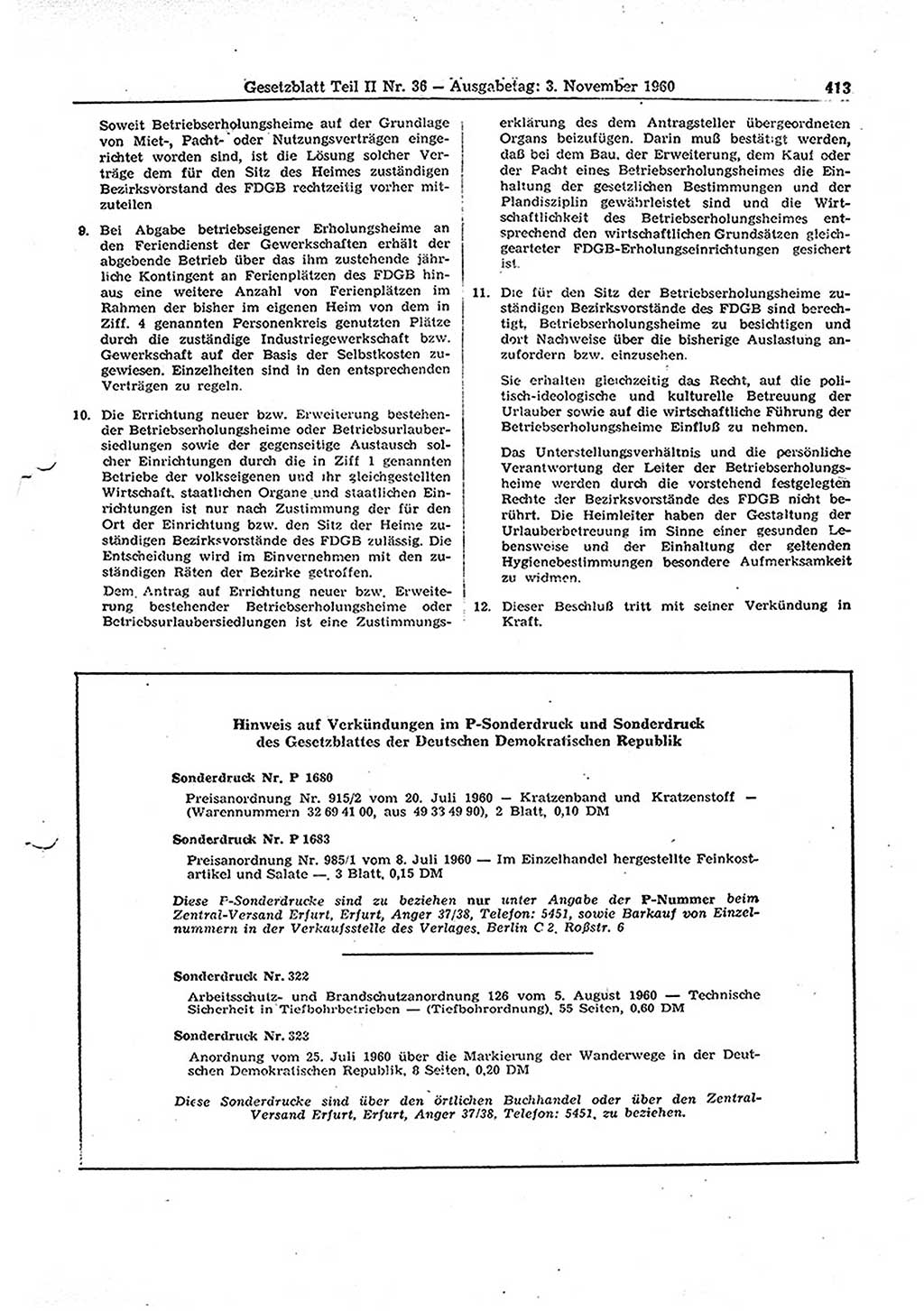 Gesetzblatt (GBl.) der Deutschen Demokratischen Republik (DDR) Teil ⅠⅠ 1960, Seite 413 (GBl. DDR ⅠⅠ 1960, S. 413)