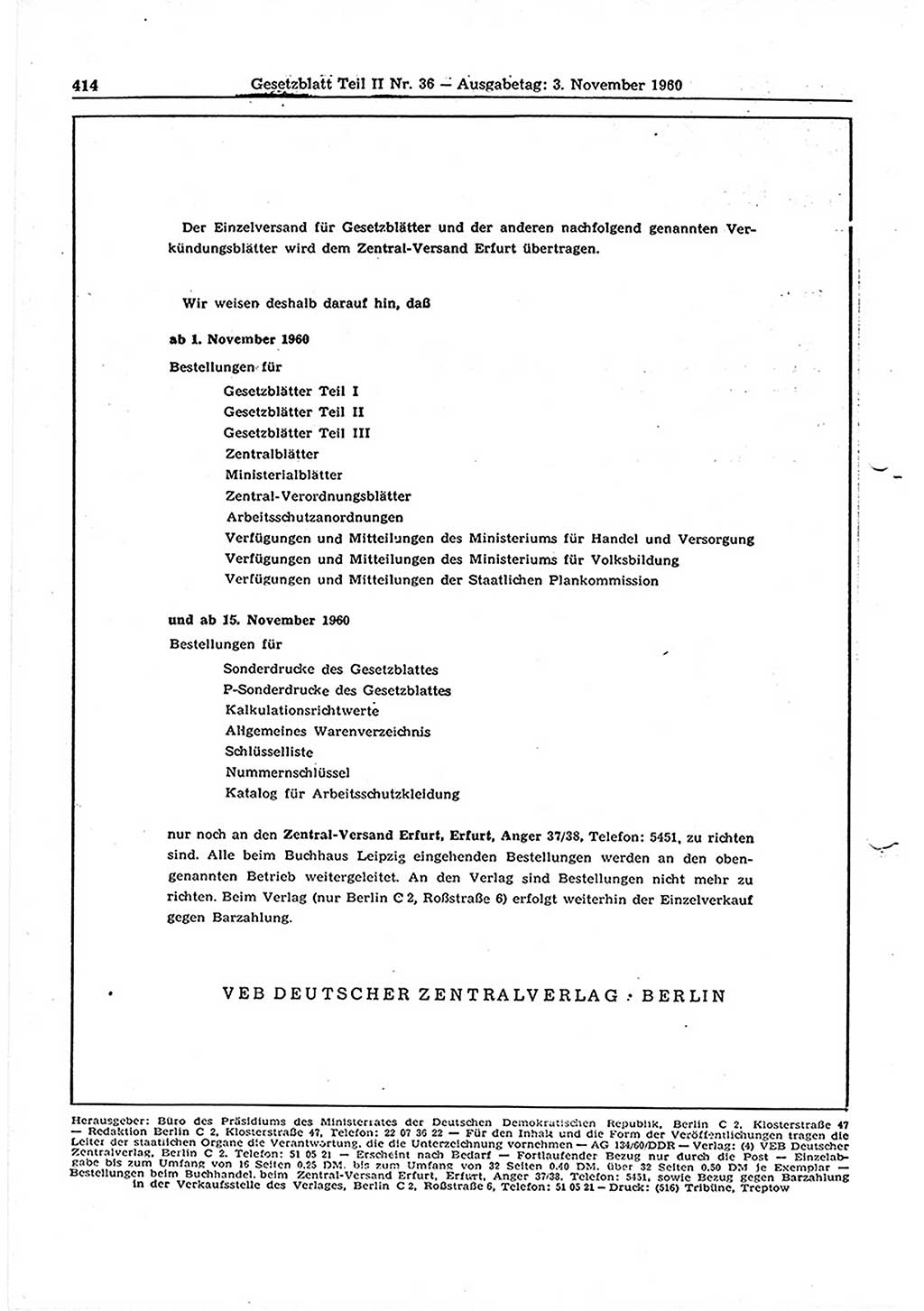 Gesetzblatt (GBl.) der Deutschen Demokratischen Republik (DDR) Teil ⅠⅠ 1960, Seite 414 (GBl. DDR ⅠⅠ 1960, S. 414)