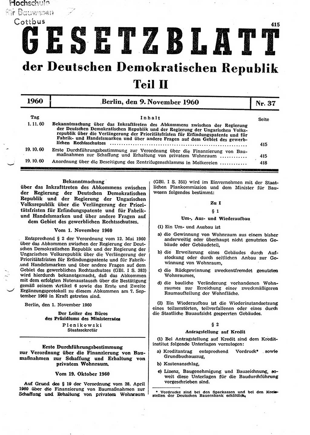 Gesetzblatt (GBl.) der Deutschen Demokratischen Republik (DDR) Teil ⅠⅠ 1960, Seite 415 (GBl. DDR ⅠⅠ 1960, S. 415)
