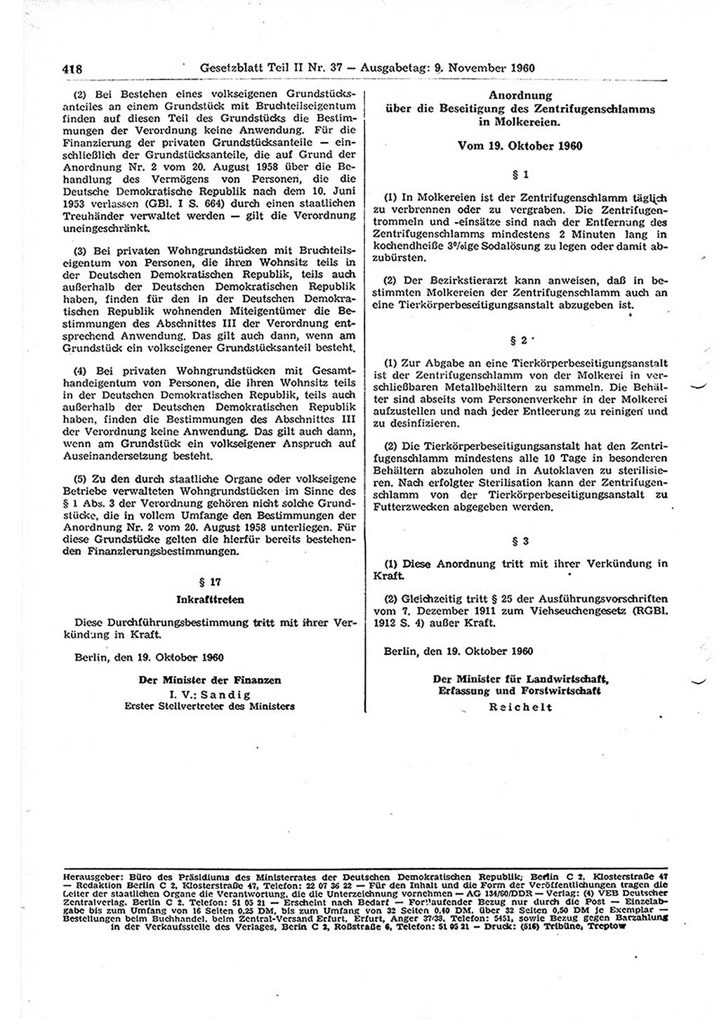 Gesetzblatt (GBl.) der Deutschen Demokratischen Republik (DDR) Teil ⅠⅠ 1960, Seite 418 (GBl. DDR ⅠⅠ 1960, S. 418)