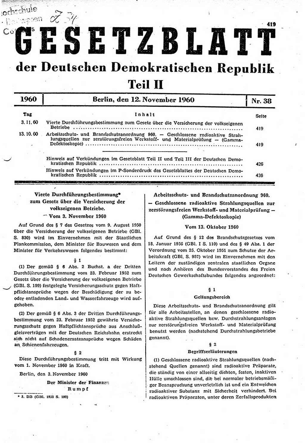 Gesetzblatt (GBl.) der Deutschen Demokratischen Republik (DDR) Teil ⅠⅠ 1960, Seite 419 (GBl. DDR ⅠⅠ 1960, S. 419)