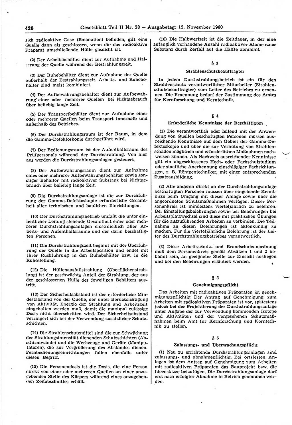 Gesetzblatt (GBl.) der Deutschen Demokratischen Republik (DDR) Teil ⅠⅠ 1960, Seite 420 (GBl. DDR ⅠⅠ 1960, S. 420)