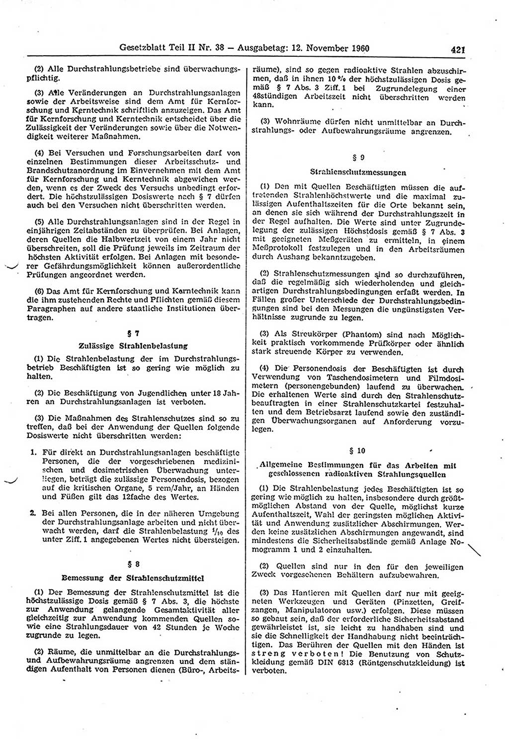Gesetzblatt (GBl.) der Deutschen Demokratischen Republik (DDR) Teil ⅠⅠ 1960, Seite 421 (GBl. DDR ⅠⅠ 1960, S. 421)