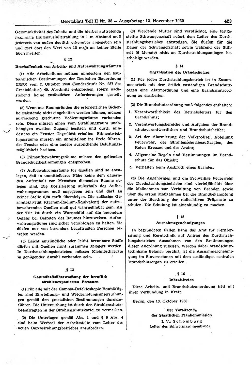 Gesetzblatt (GBl.) der Deutschen Demokratischen Republik (DDR) Teil ⅠⅠ 1960, Seite 423 (GBl. DDR ⅠⅠ 1960, S. 423)