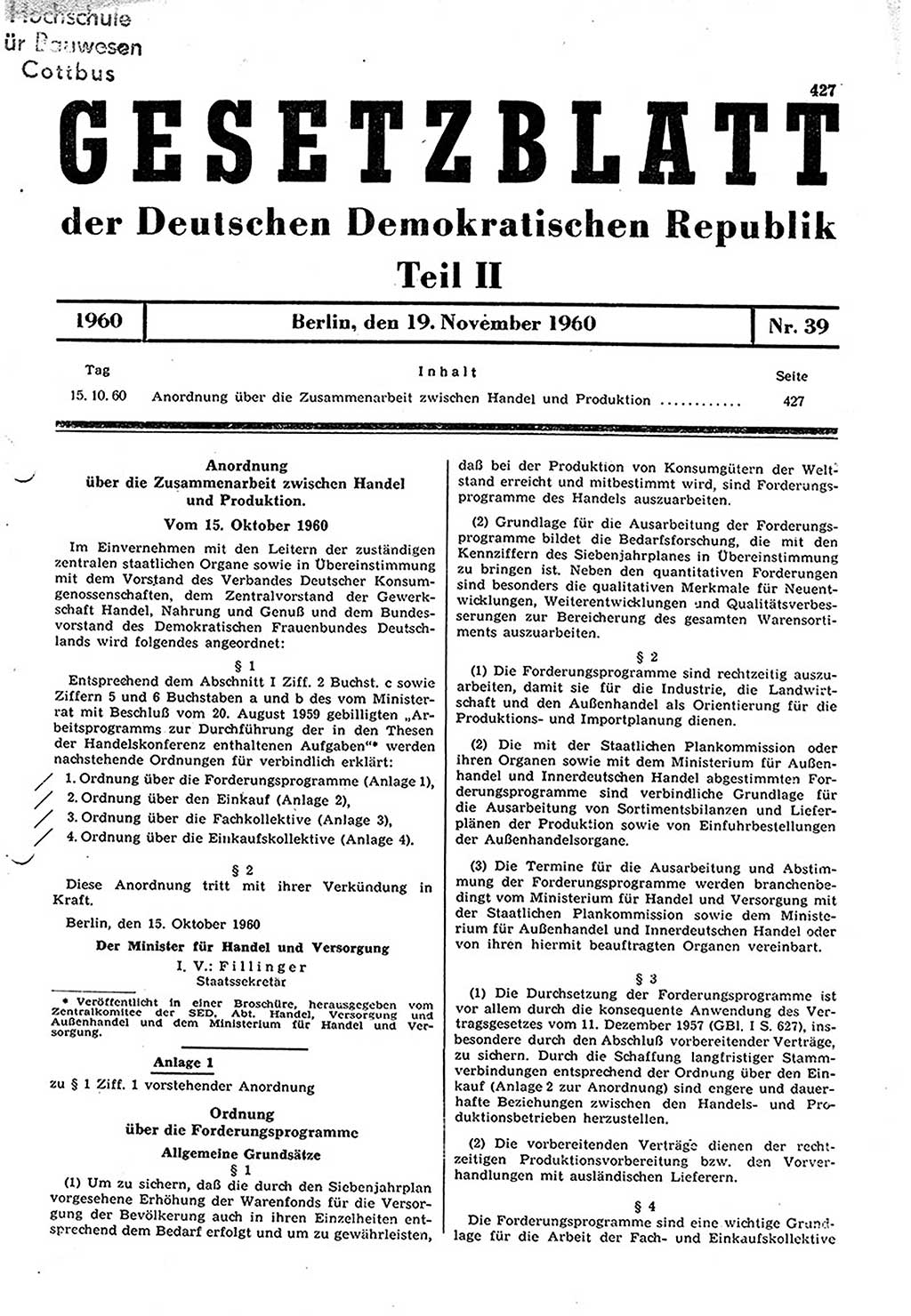 Gesetzblatt (GBl.) der Deutschen Demokratischen Republik (DDR) Teil ⅠⅠ 1960, Seite 427 (GBl. DDR ⅠⅠ 1960, S. 427)