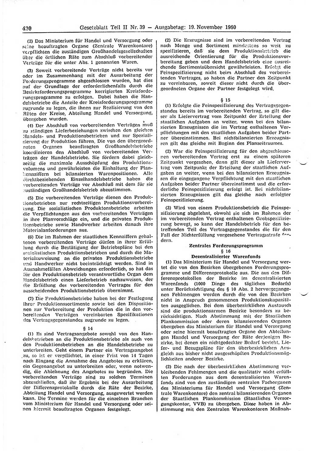 Gesetzblatt (GBl.) der Deutschen Demokratischen Republik (DDR) Teil ⅠⅠ 1960, Seite 430 (GBl. DDR ⅠⅠ 1960, S. 430)