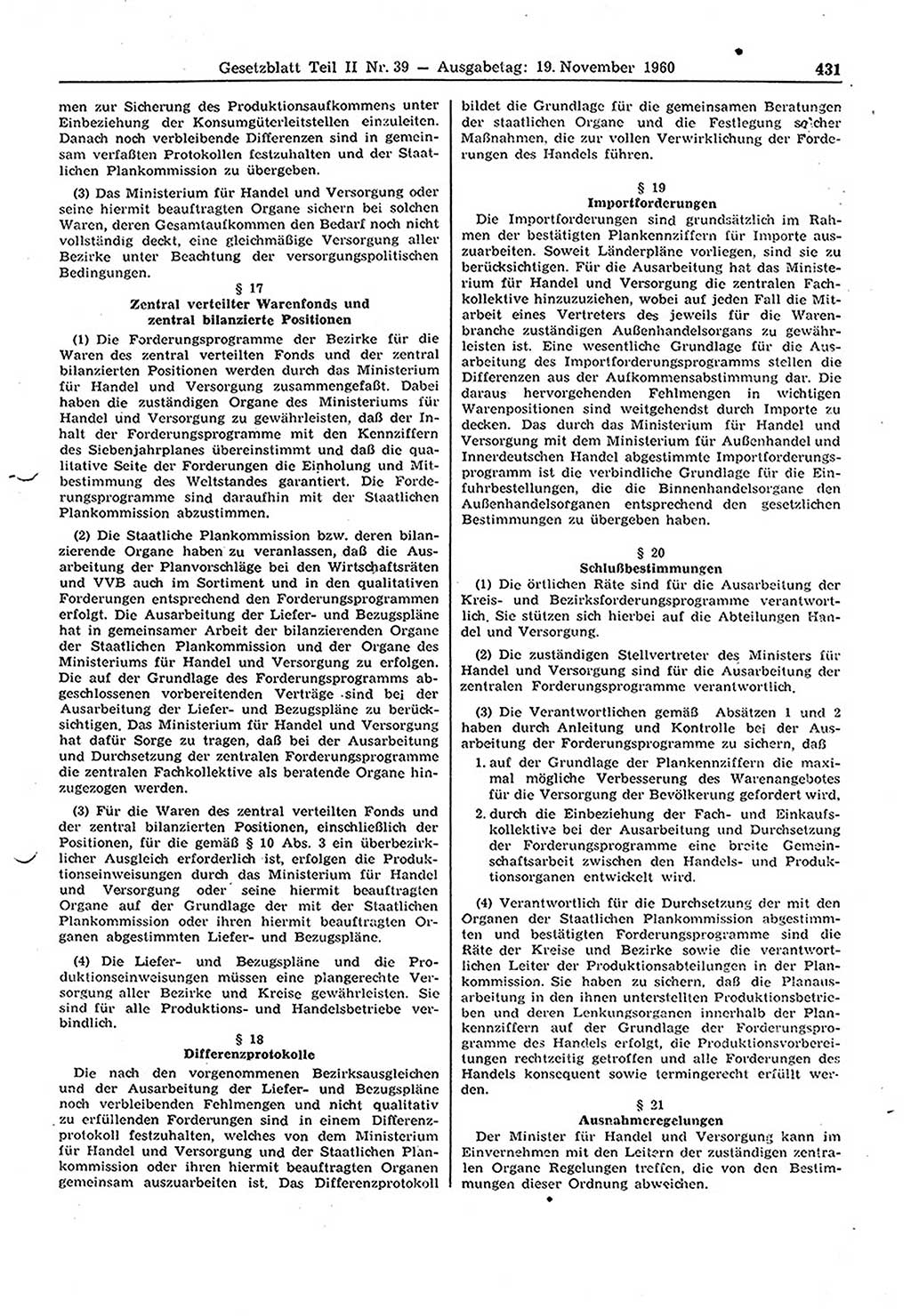 Gesetzblatt (GBl.) der Deutschen Demokratischen Republik (DDR) Teil ⅠⅠ 1960, Seite 431 (GBl. DDR ⅠⅠ 1960, S. 431)