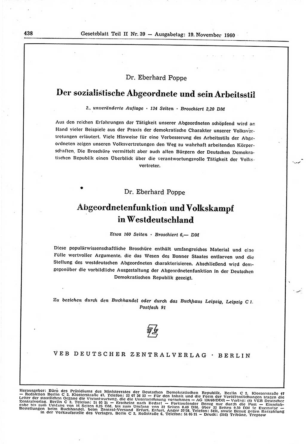 Gesetzblatt (GBl.) der Deutschen Demokratischen Republik (DDR) Teil ⅠⅠ 1960, Seite 438 (GBl. DDR ⅠⅠ 1960, S. 438)