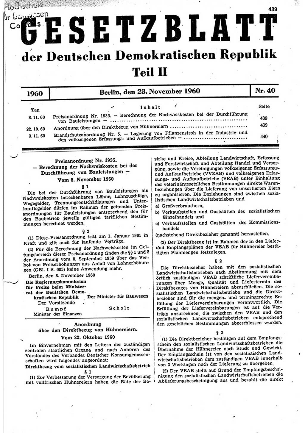 Gesetzblatt (GBl.) der Deutschen Demokratischen Republik (DDR) Teil ⅠⅠ 1960, Seite 439 (GBl. DDR ⅠⅠ 1960, S. 439)