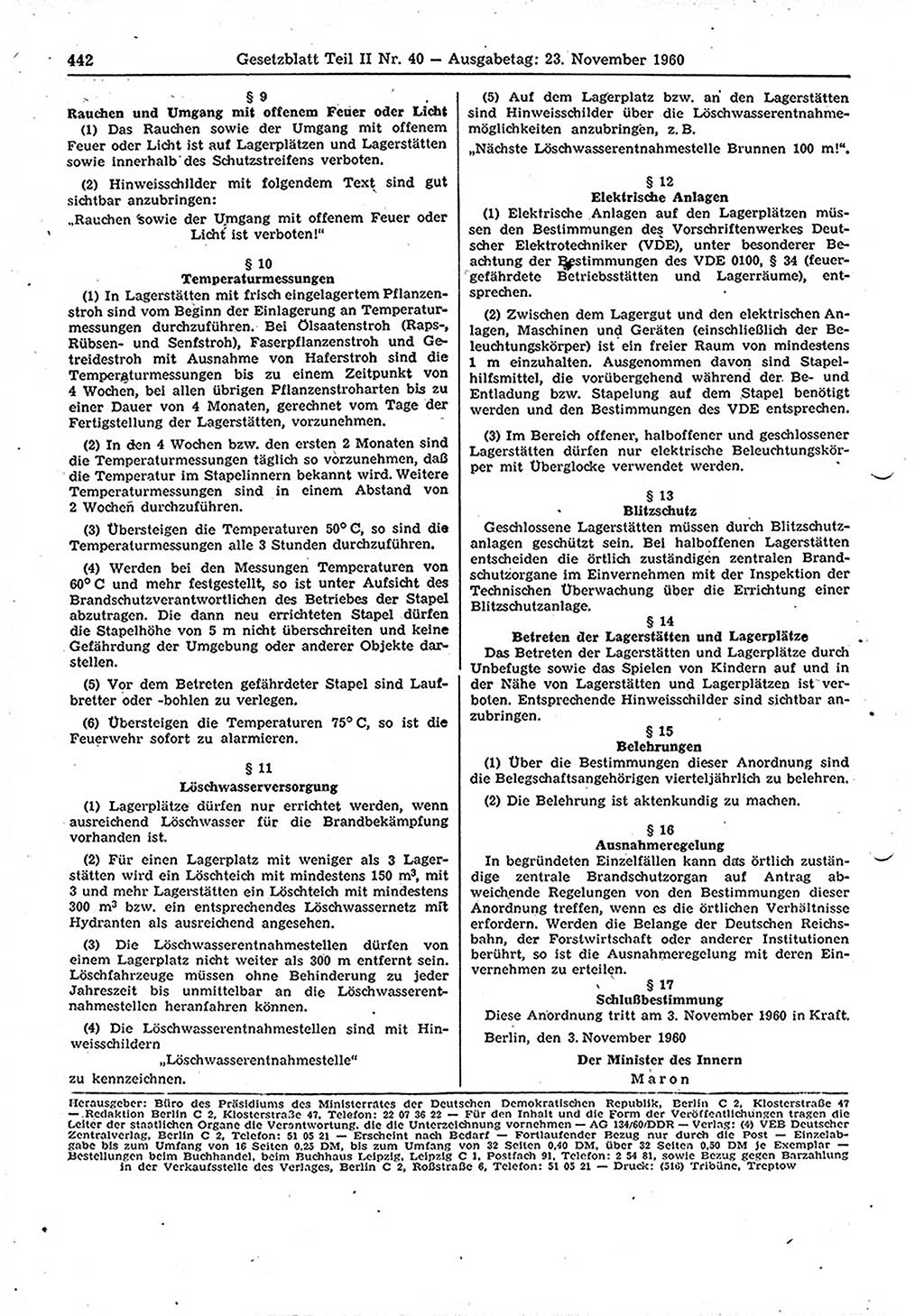 Gesetzblatt (GBl.) der Deutschen Demokratischen Republik (DDR) Teil ⅠⅠ 1960, Seite 442 (GBl. DDR ⅠⅠ 1960, S. 442)