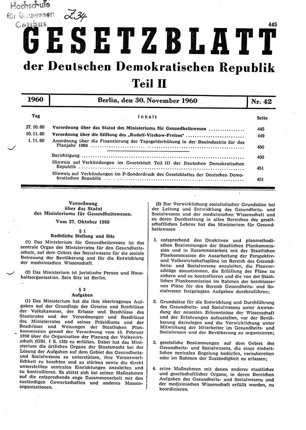 Gesetzblatt (GBl.) der Deutschen Demokratischen Republik (DDR) Teil ⅠⅠ 1960, Seite 445 (GBl. DDR ⅠⅠ 1960, S. 445)