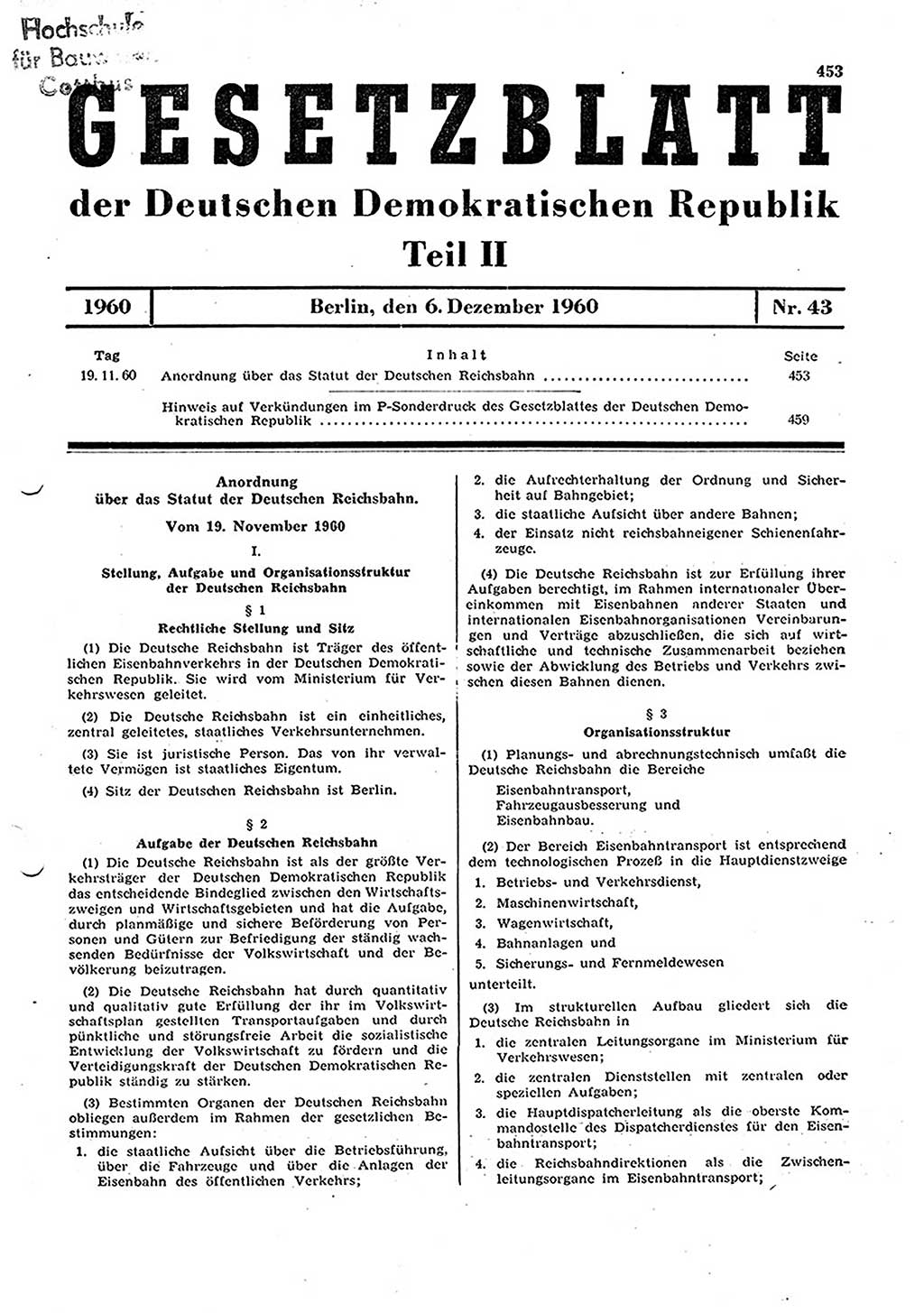 Gesetzblatt (GBl.) der Deutschen Demokratischen Republik (DDR) Teil ⅠⅠ 1960, Seite 453 (GBl. DDR ⅠⅠ 1960, S. 453)