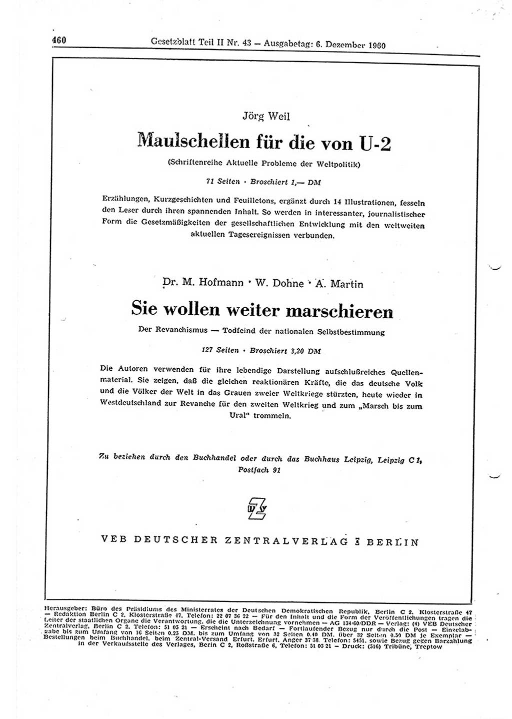Gesetzblatt (GBl.) der Deutschen Demokratischen Republik (DDR) Teil ⅠⅠ 1960, Seite 460 (GBl. DDR ⅠⅠ 1960, S. 460)