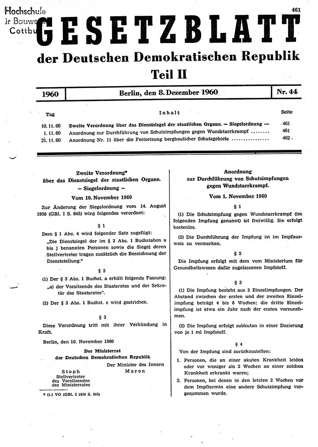 Gesetzblatt (GBl.) der Deutschen Demokratischen Republik (DDR) Teil ⅠⅠ 1960, Seite 461 (GBl. DDR ⅠⅠ 1960, S. 461)