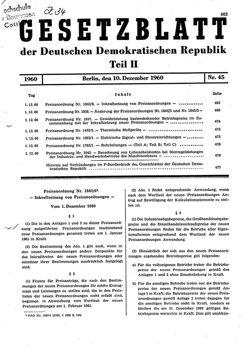 Gesetzblatt (GBl.) der Deutschen Demokratischen Republik (DDR) Teil ⅠⅠ 1960, Seite 463 (GBl. DDR ⅠⅠ 1960, S. 463)
