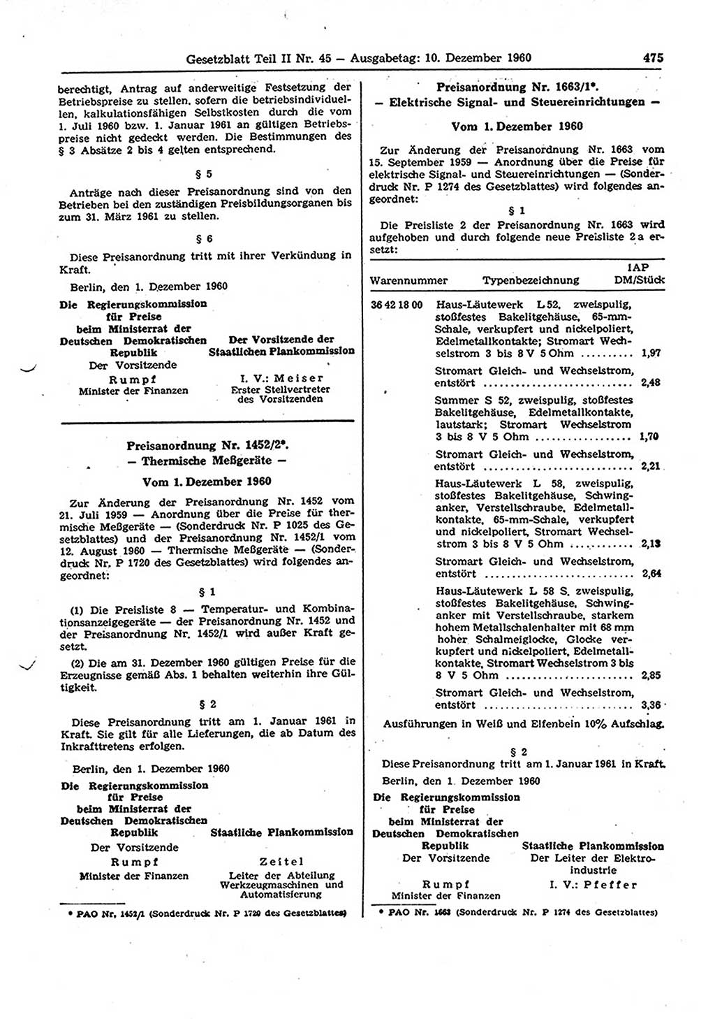 Gesetzblatt (GBl.) der Deutschen Demokratischen Republik (DDR) Teil ⅠⅠ 1960, Seite 475 (GBl. DDR ⅠⅠ 1960, S. 475)