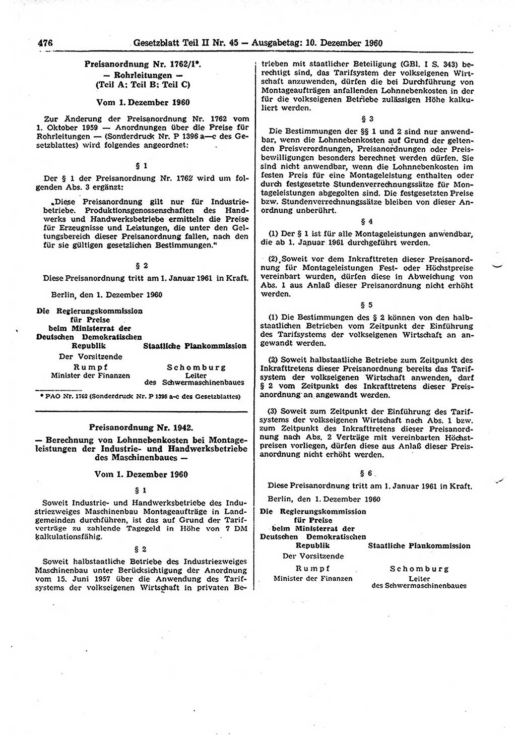 Gesetzblatt (GBl.) der Deutschen Demokratischen Republik (DDR) Teil ⅠⅠ 1960, Seite 476 (GBl. DDR ⅠⅠ 1960, S. 476)