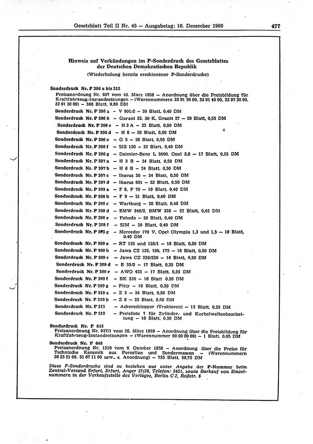 Gesetzblatt (GBl.) der Deutschen Demokratischen Republik (DDR) Teil ⅠⅠ 1960, Seite 477 (GBl. DDR ⅠⅠ 1960, S. 477)