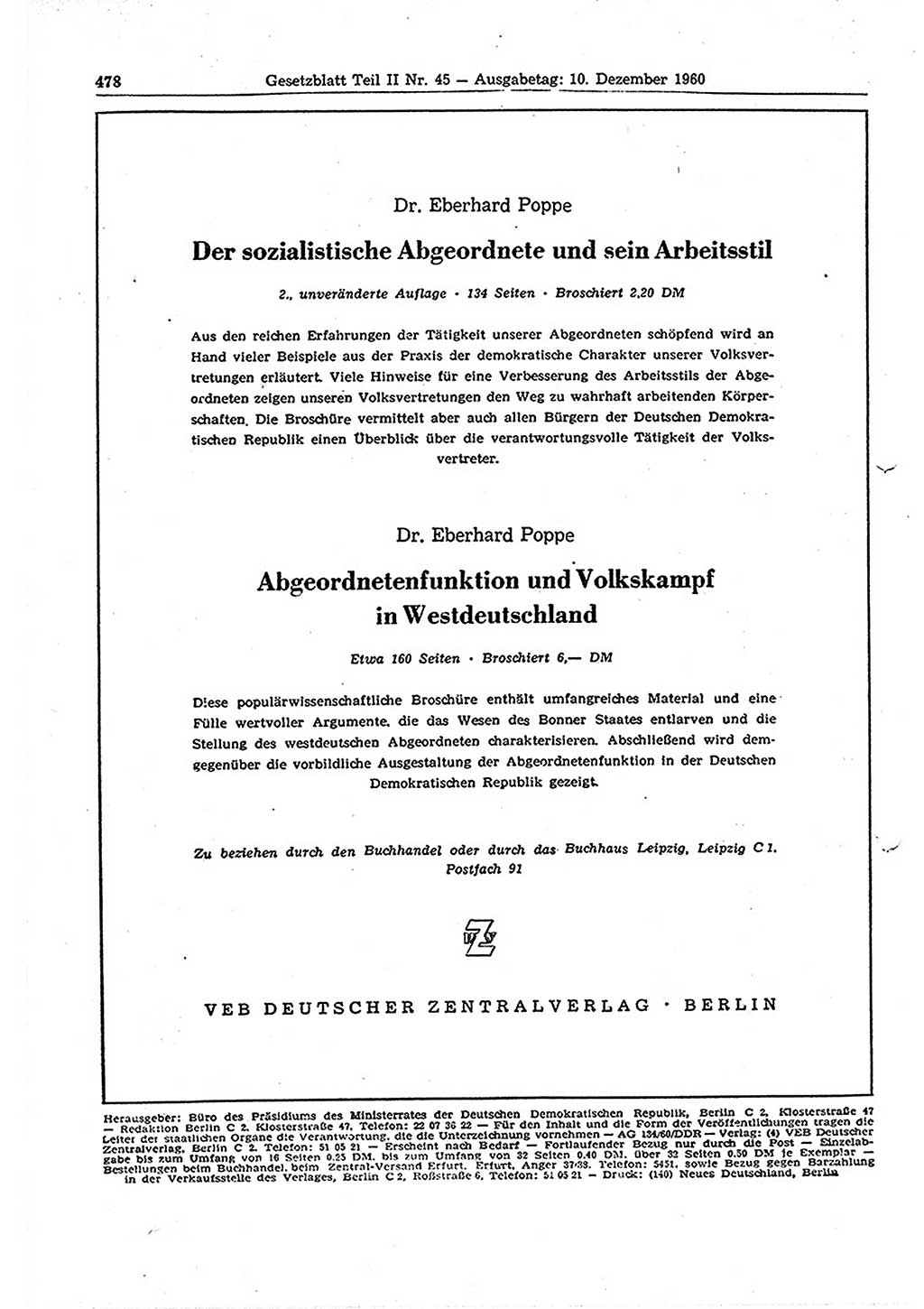 Gesetzblatt (GBl.) der Deutschen Demokratischen Republik (DDR) Teil ⅠⅠ 1960, Seite 478 (GBl. DDR ⅠⅠ 1960, S. 478)
