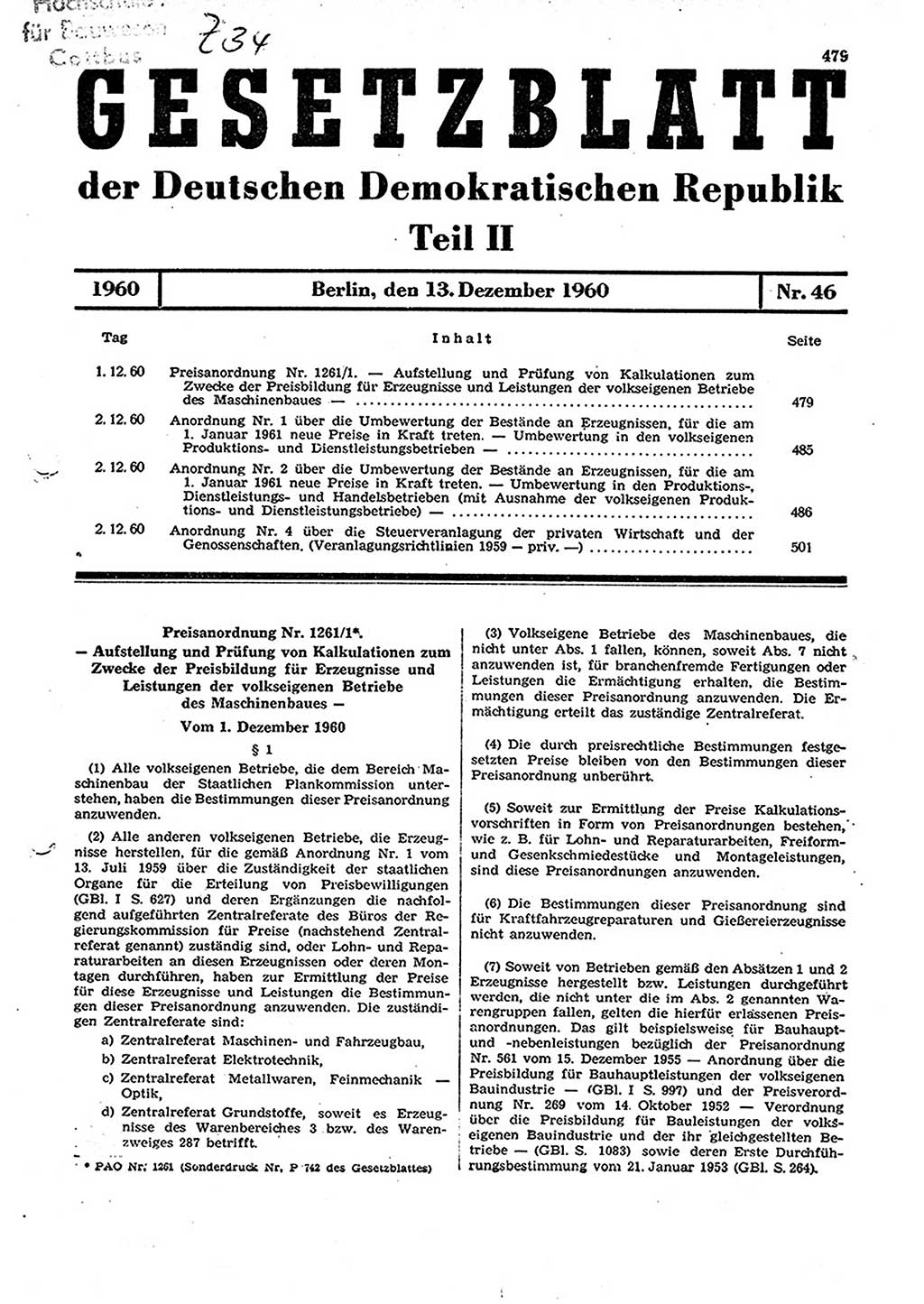 Gesetzblatt (GBl.) der Deutschen Demokratischen Republik (DDR) Teil ⅠⅠ 1960, Seite 479 (GBl. DDR ⅠⅠ 1960, S. 479)